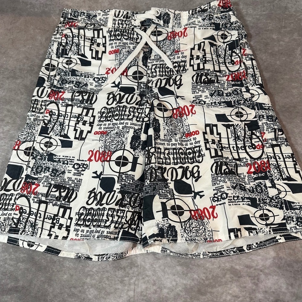 10W Apparel Mens Medium Swim Trunks‎ Graphic Print Board Shorts White Black Red